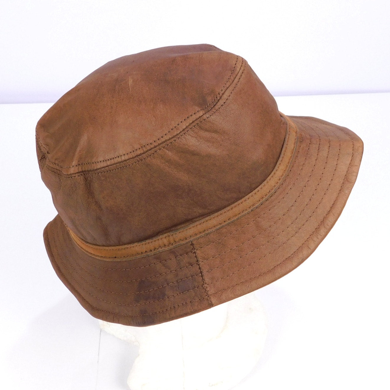 Vintage Adventure Bound Leather Bucket Hat Size S Brown Suede Interior