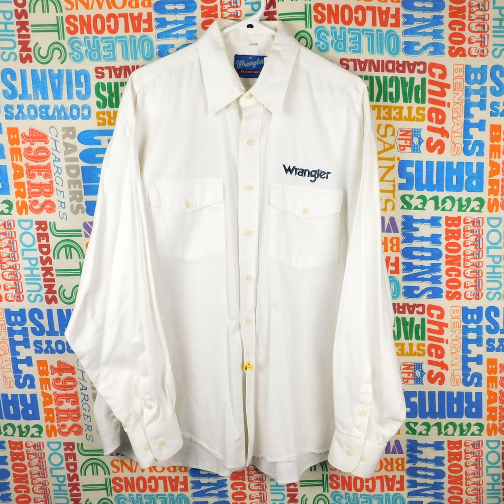 Vintage Wrangler Western Shirt Mens XL White Embroidered Logo Cotton Button Up