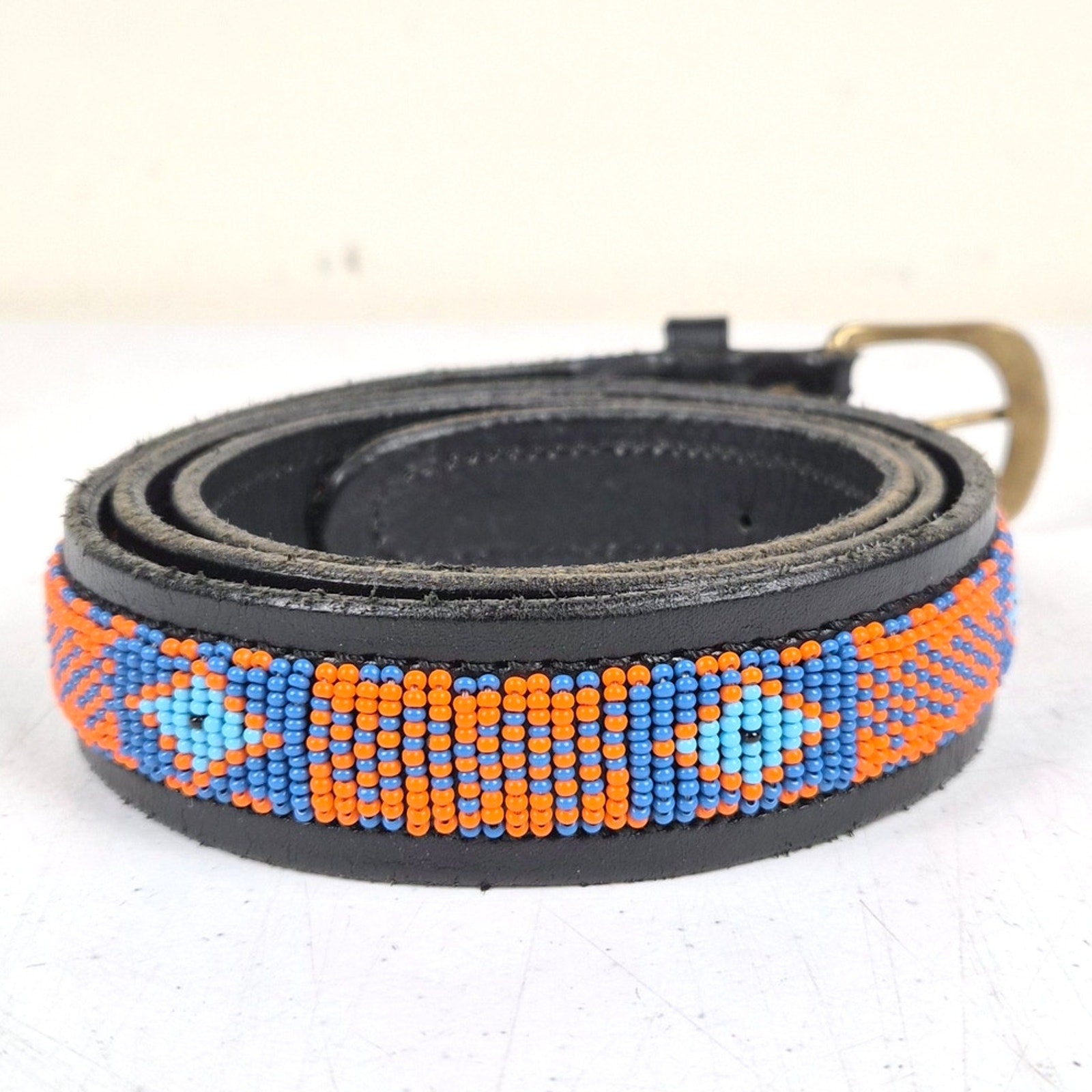 Vintage ZINJ Black Leather Aztec Beaded Belt - Fits 38-43" Waists