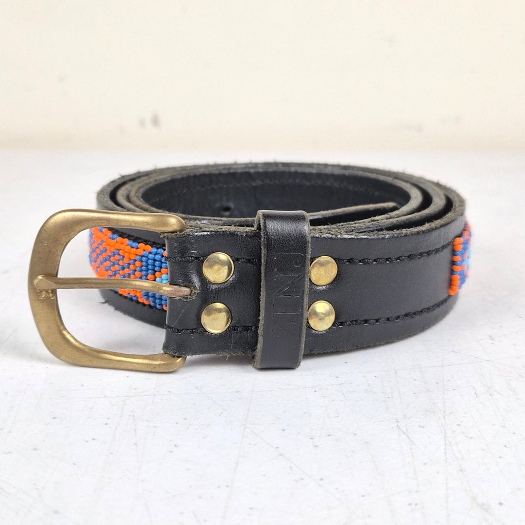 Vintage ZINJ Black Leather Aztec Beaded Belt - Fits 38-43" Waists