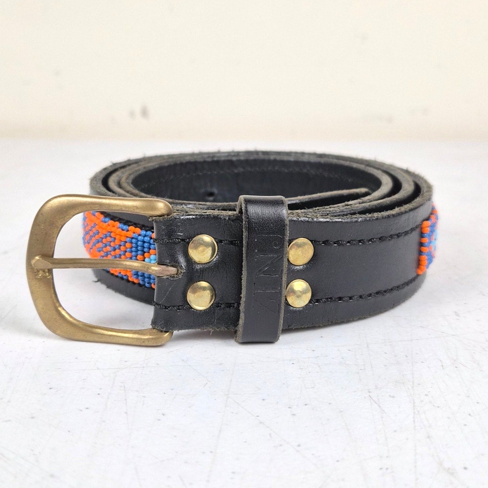Vintage ZINJ Black Leather Aztec Beaded Belt - Fits 38-43" Waists