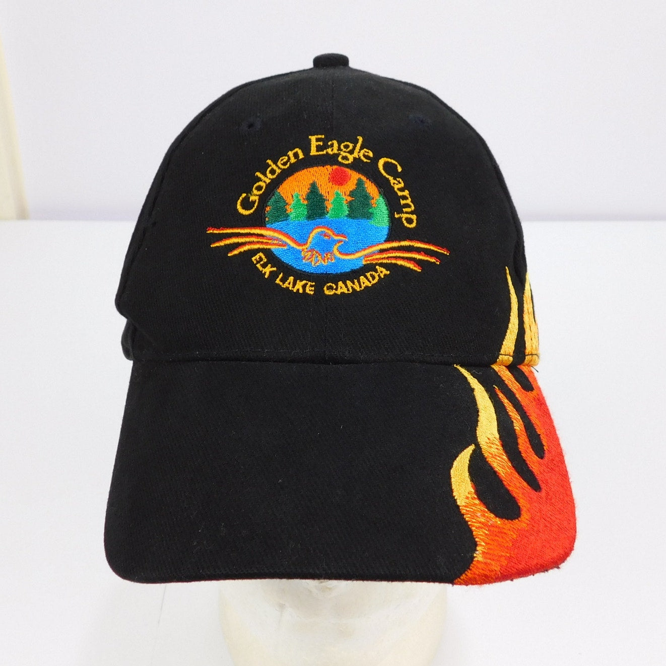 Golden Eagle Camp Elk Lake Canada Flame Embroidered Biker Hat - Adjustable