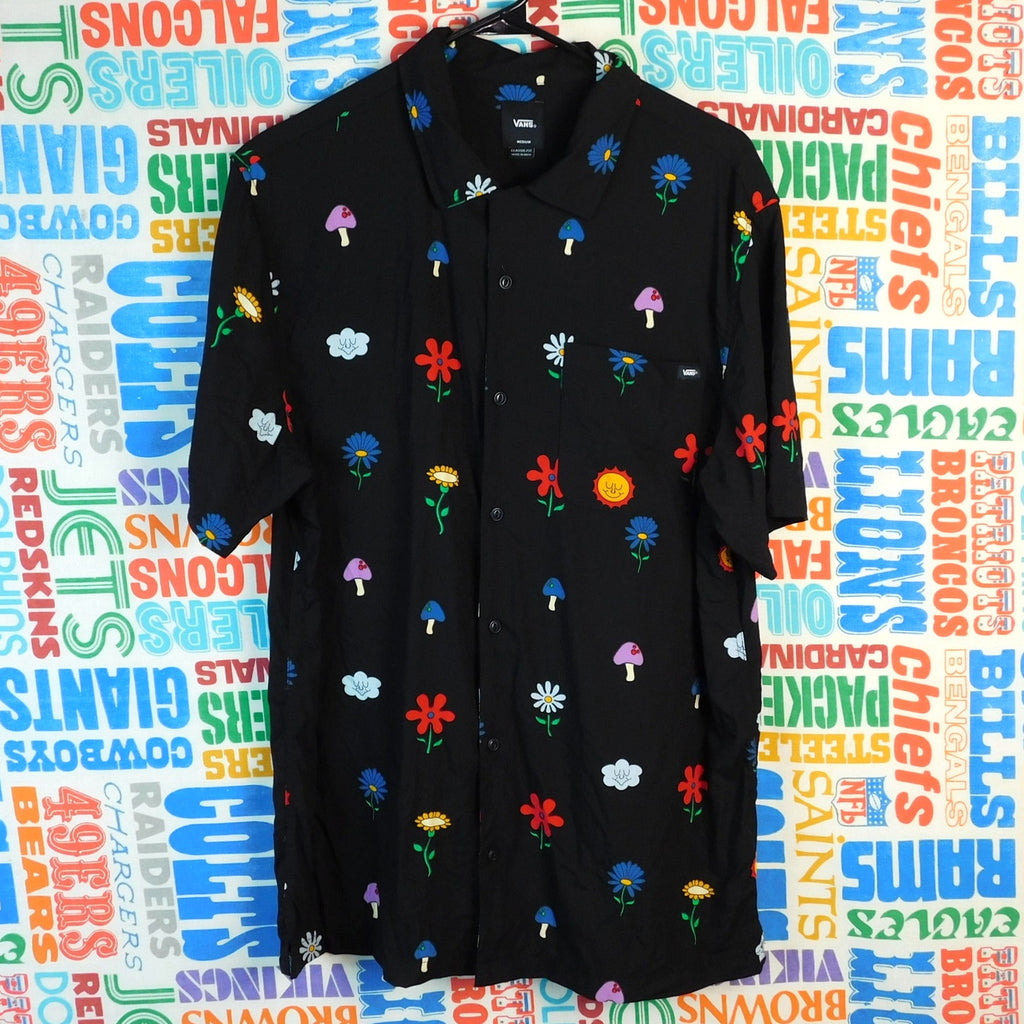 Vans Floral Mushroom Shirt Mens Medium Black Psychedelic Button Up Skate AOP
