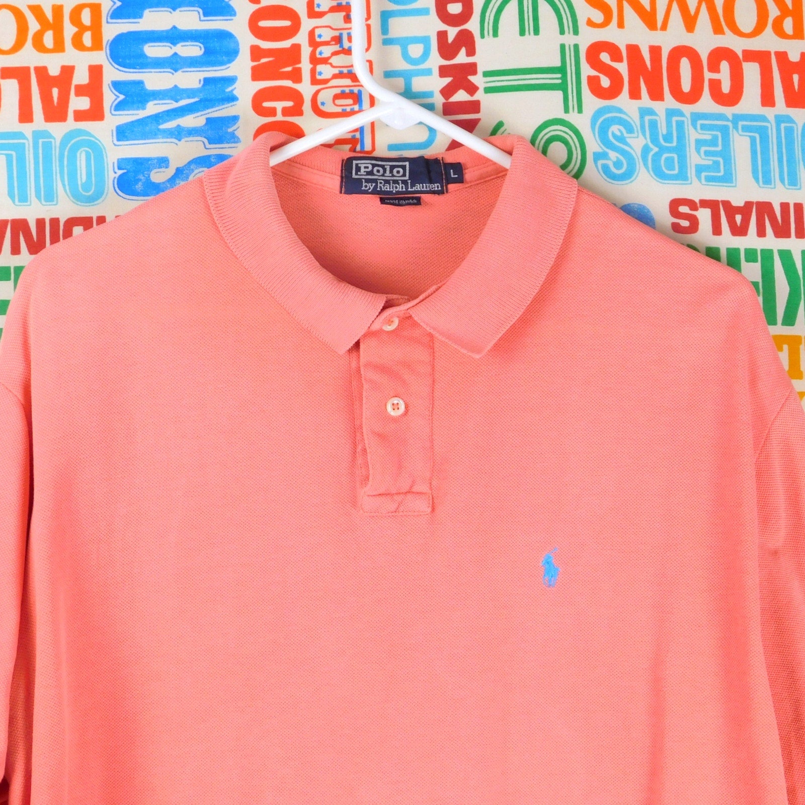 Polo By Ralph Lauren Polo Shirt Size L Salmon Pink Blue Pony Vintage 90s