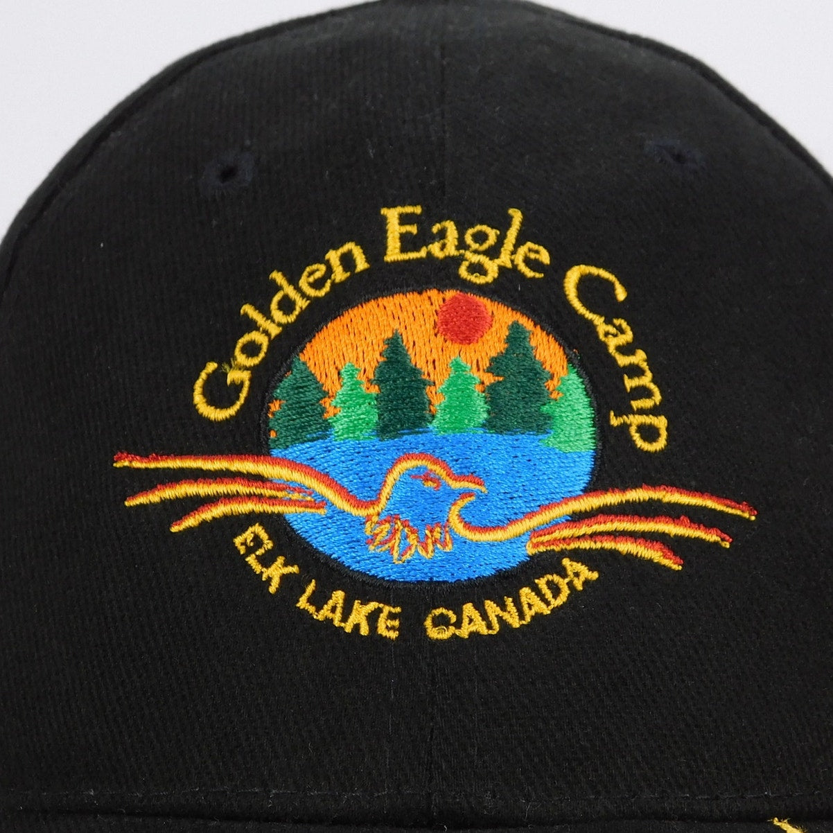 Golden Eagle Camp Elk Lake Canada Flame Embroidered Biker Hat - Adjustable