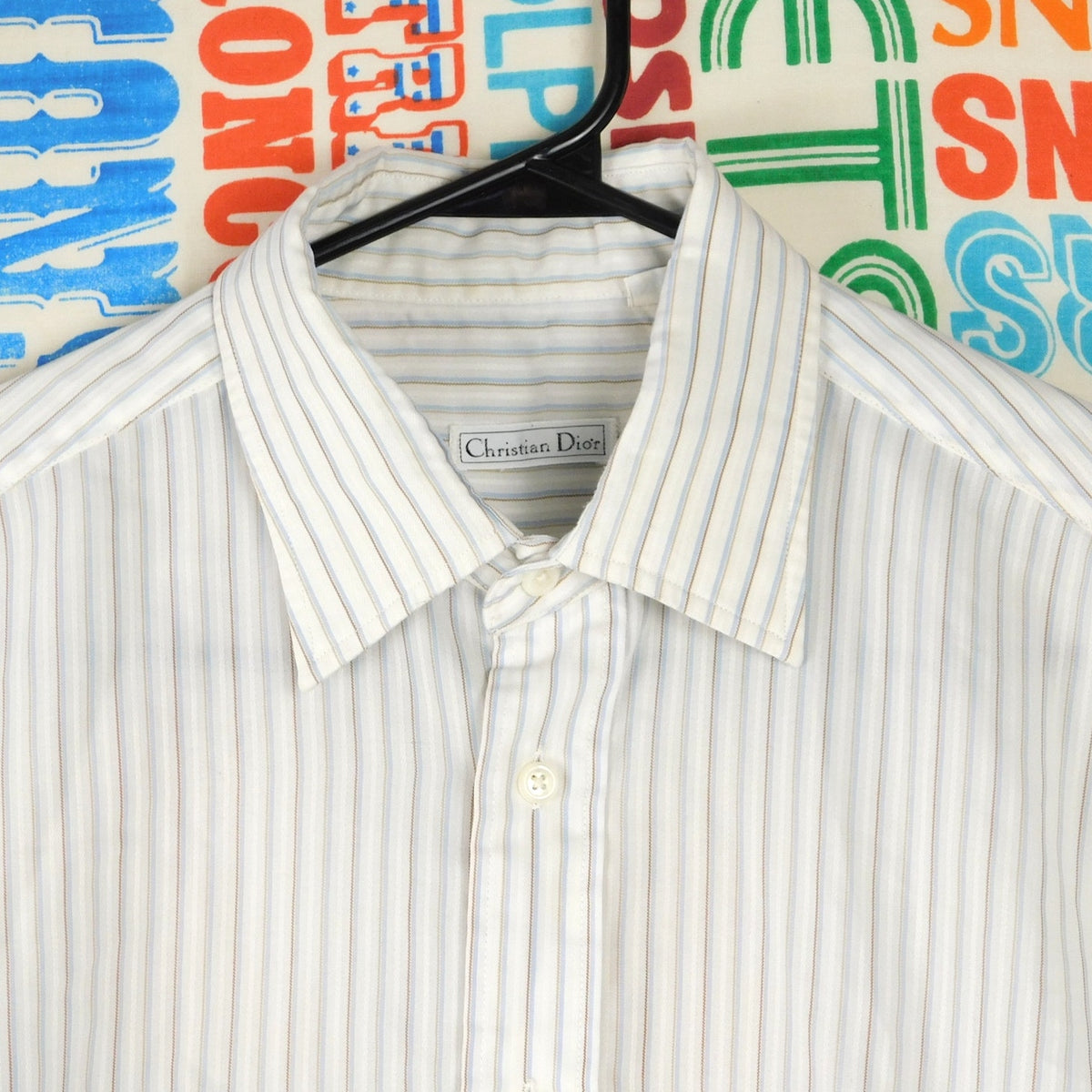 Vintage Christian Dior Shirt Mens L 15.5 Striped Short Sleeve Button Up 70s 80s