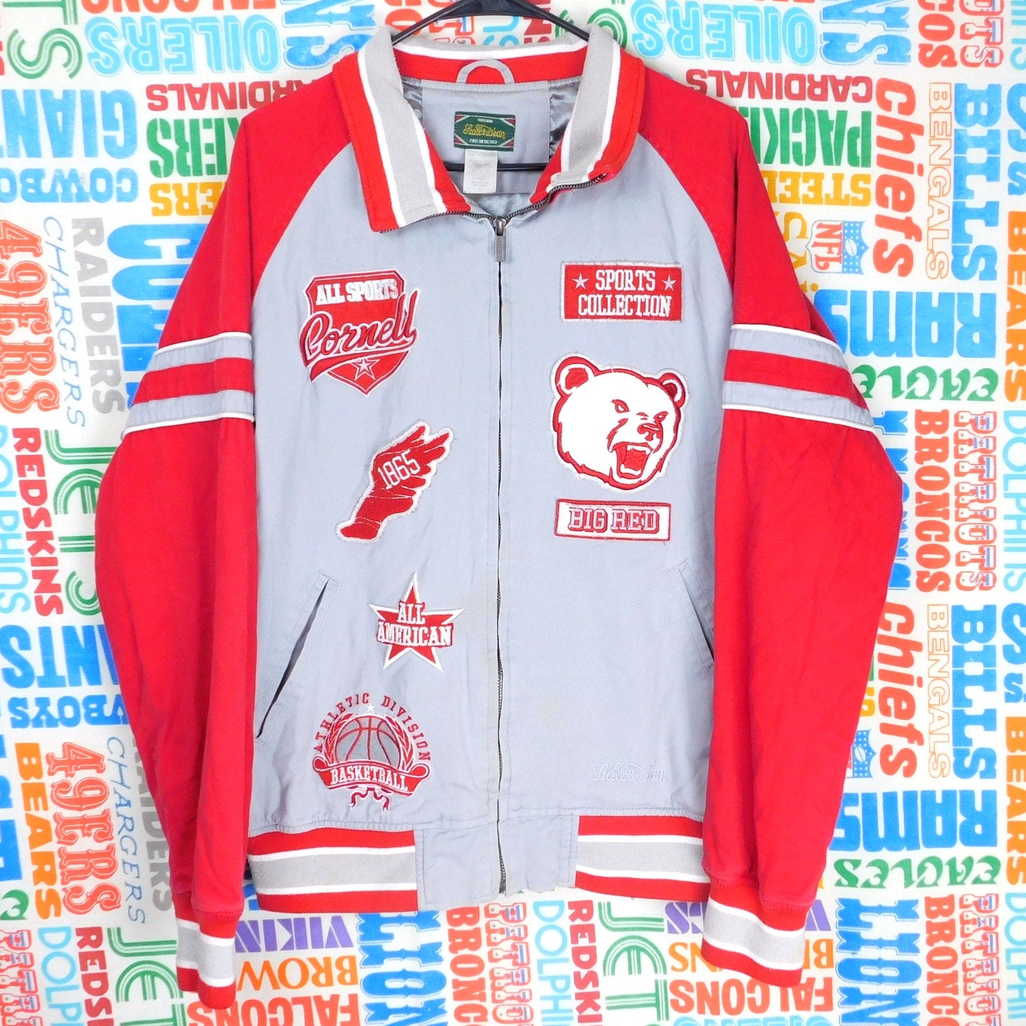 Stall & Dean Cornell University Jacket Full Zip Size L Big Red Gray Patches Soft