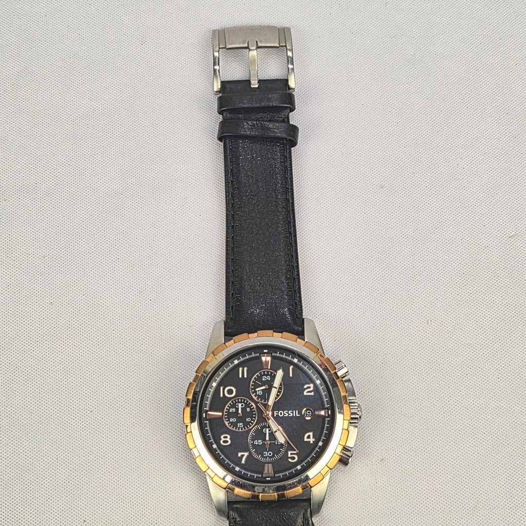 Fossil Dean FS4545 Mens Watch Chronograph Black Dial Leather Band New Battery