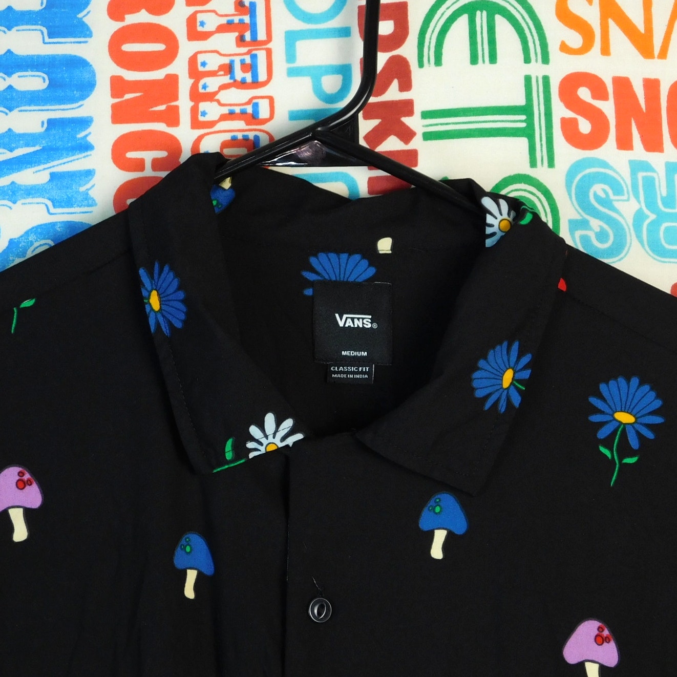 Vans Floral Mushroom Shirt Mens Medium Black Psychedelic Button Up Skate AOP