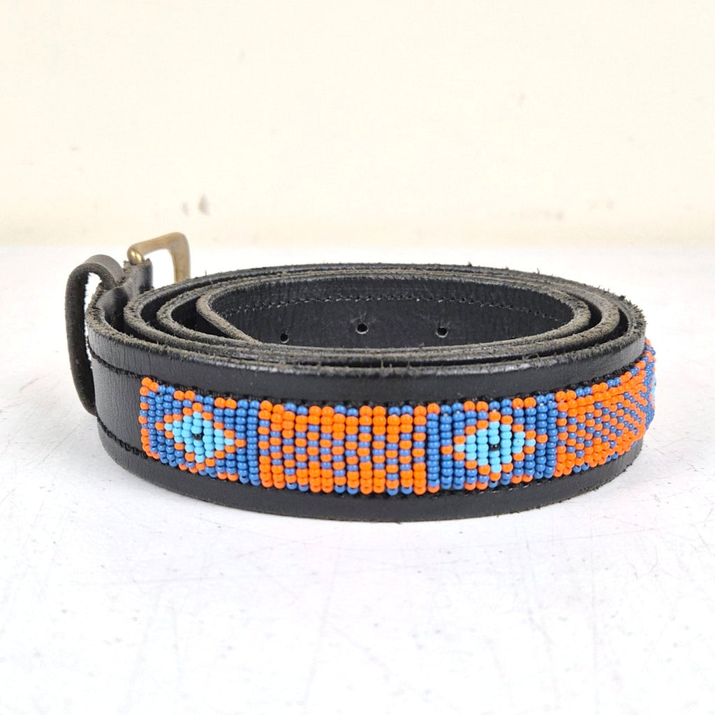 Vintage ZINJ Black Leather Aztec Beaded Belt - Fits 38-43" Waists