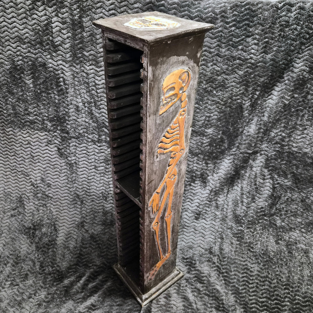 Vintage Gothic Skeleton Skull Wood CD Storage Tower Rack Carved 36" Halloween
