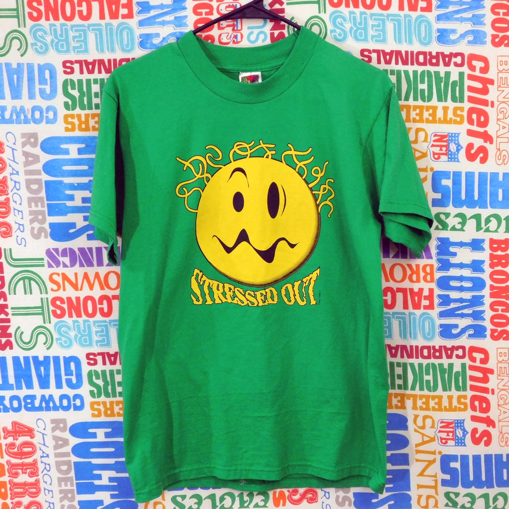 Vintage Smiley Face Stressed Out T Shirt Size M Green Yellow 90s