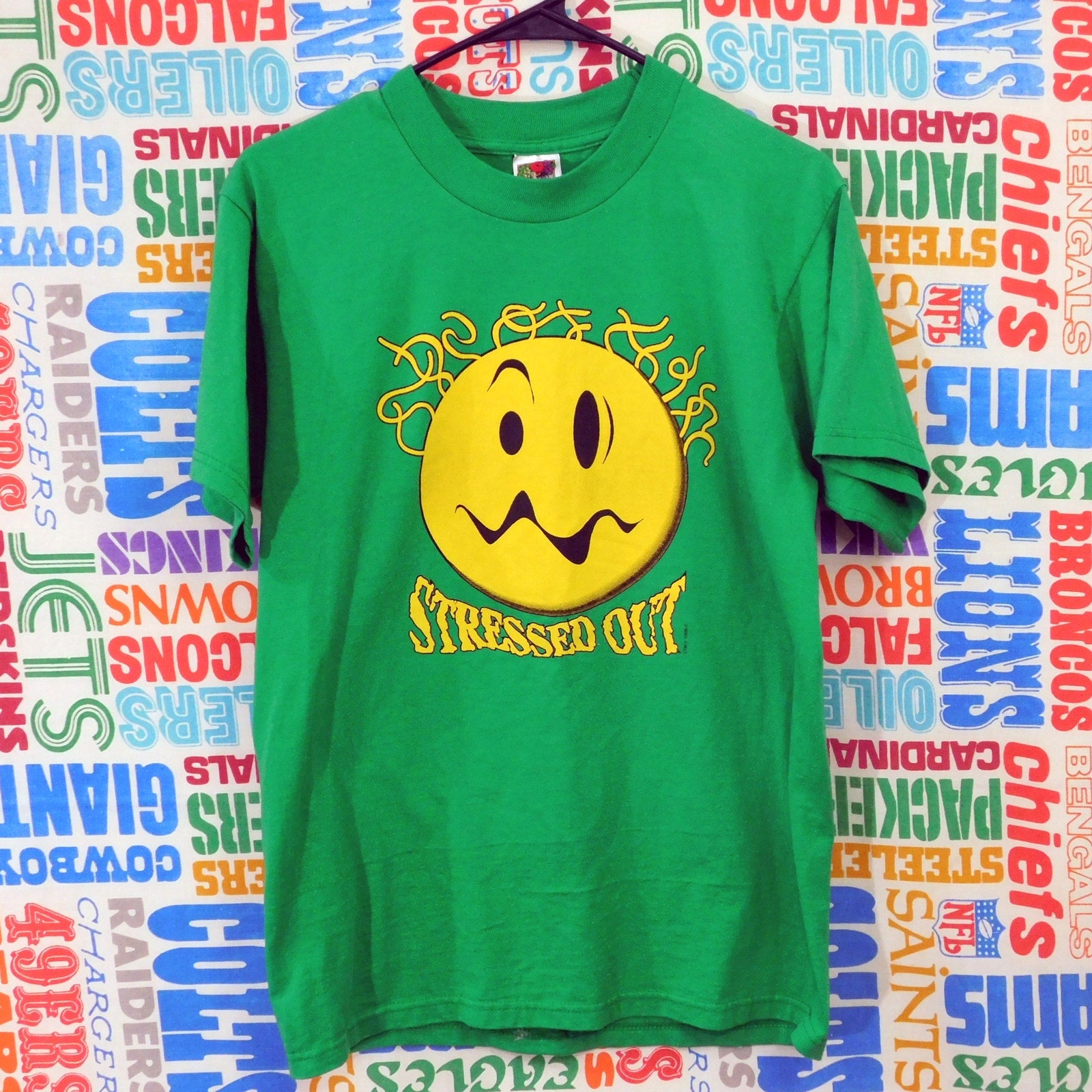 Vintage Smiley Face Stressed Out T Shirt Size M Green Yellow 90s