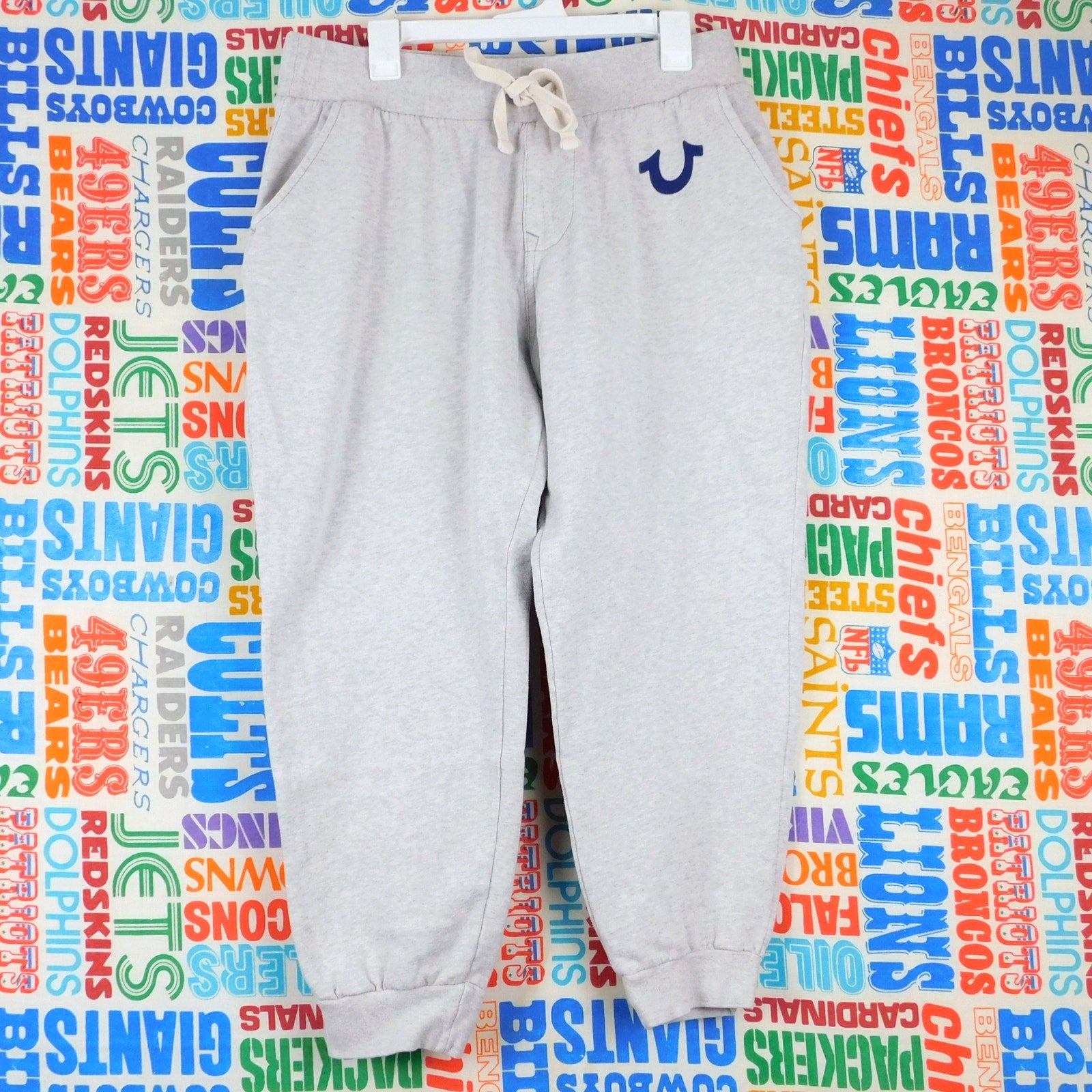 True Religion Sweatpants Size M Joggers Gray Drawstring Navy Blue Horseshoe Logo
