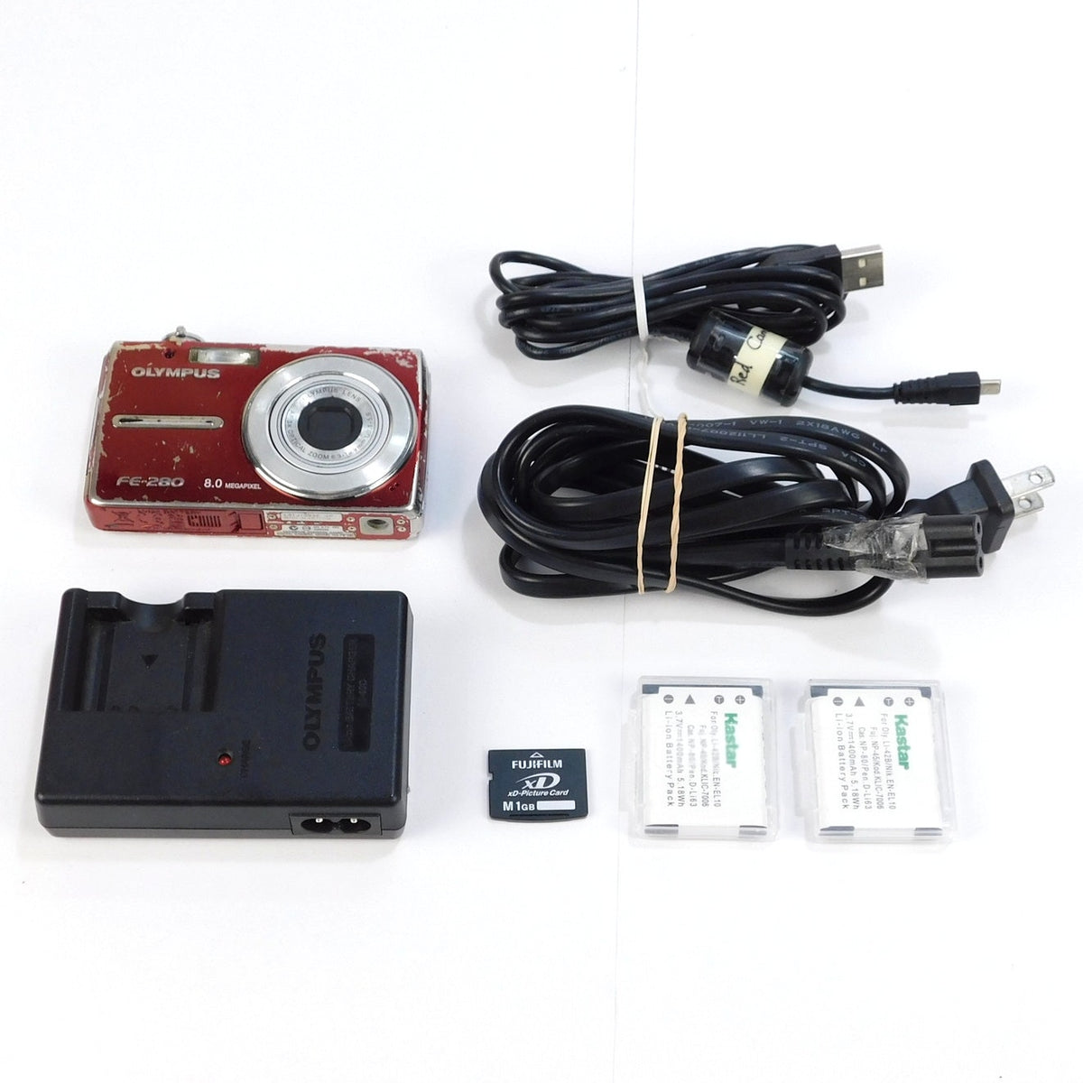 Olympus FE-280 Red 8MP CCD Digital Camera 1GB xD 2 Batteries Charger Tested