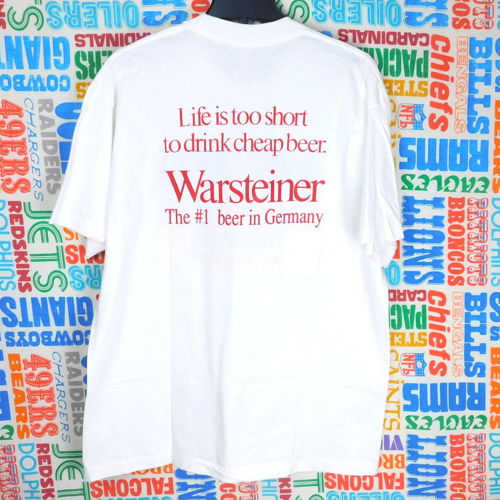 VTG 90s Warsteiner Beer T Shirt XL Life Is Too Short To Drink Cheap Beer Red Txt