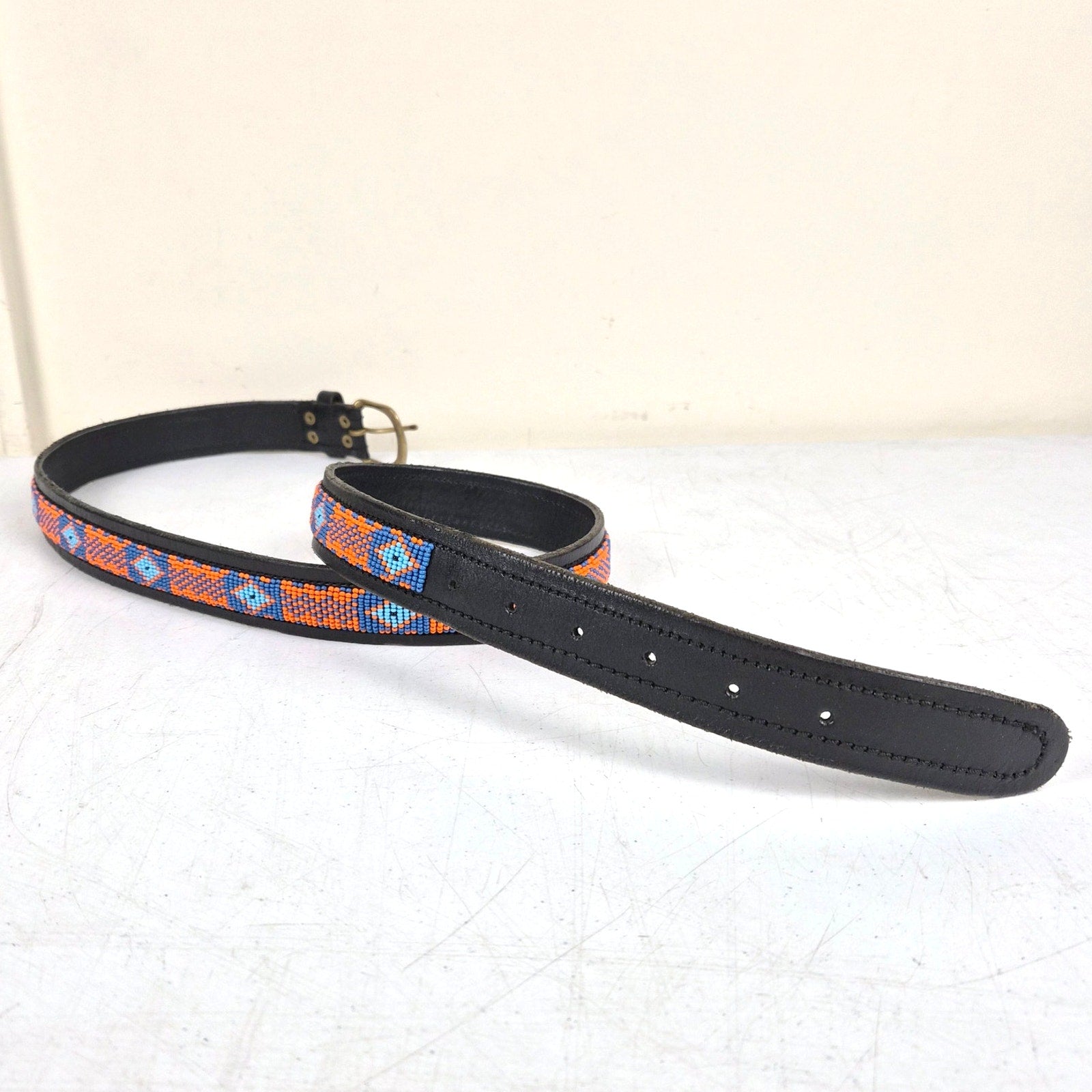 Vintage ZINJ Black Leather Aztec Beaded Belt - Fits 38-43" Waists
