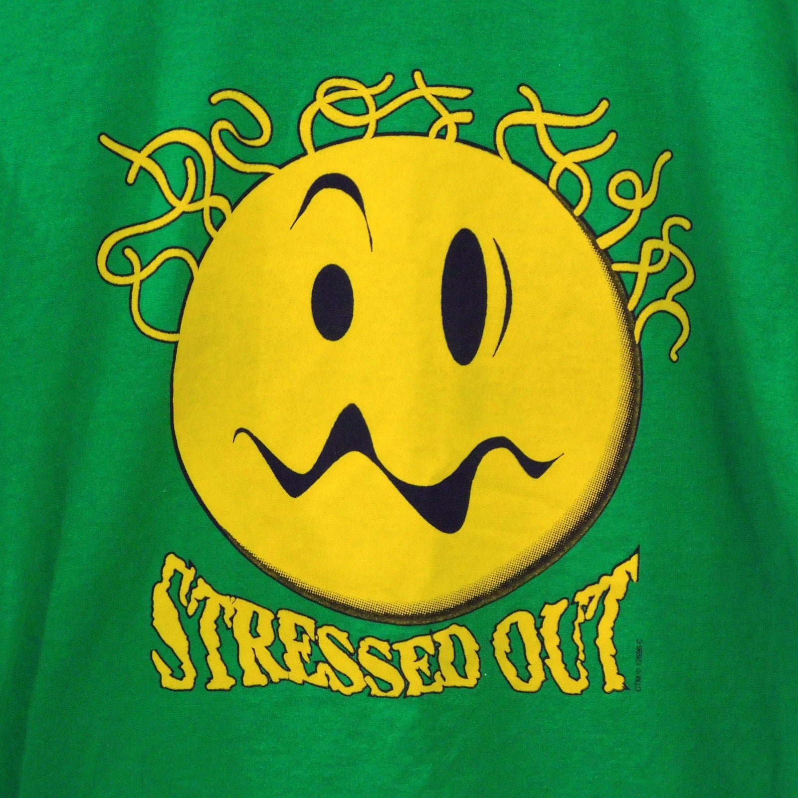Vintage Smiley Face Stressed Out T Shirt Size M Green Yellow 90s