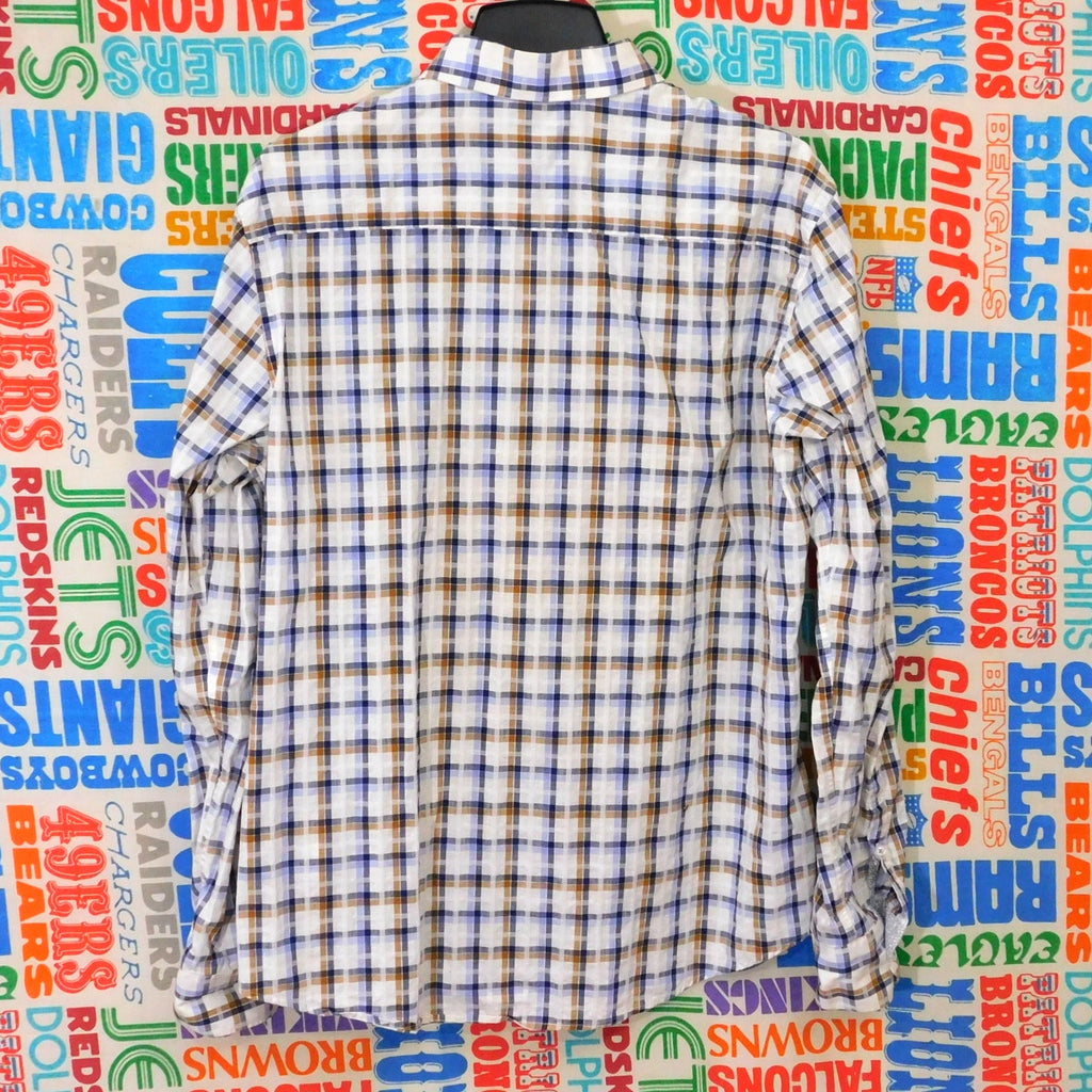 Bugatchi Button Down Shirt Size L Shaped Fit Plaid Cuff Print Long Sleeve