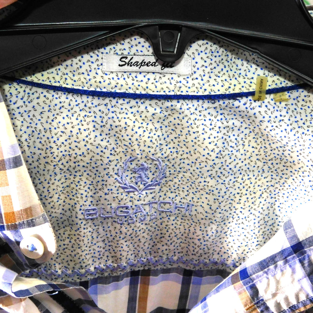 Bugatchi Button Down Shirt Size L Shaped Fit Plaid Cuff Print Long Sleeve