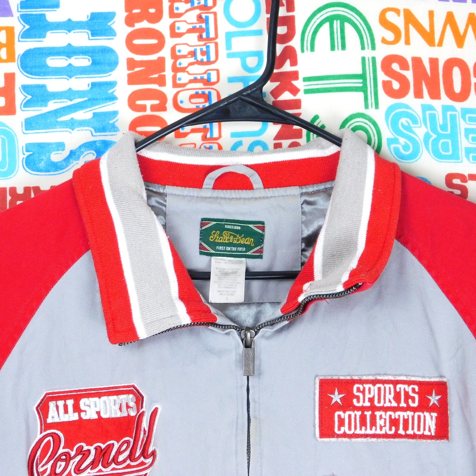 Stall & Dean Cornell University Jacket Full Zip Size L Big Red Gray Patches Soft