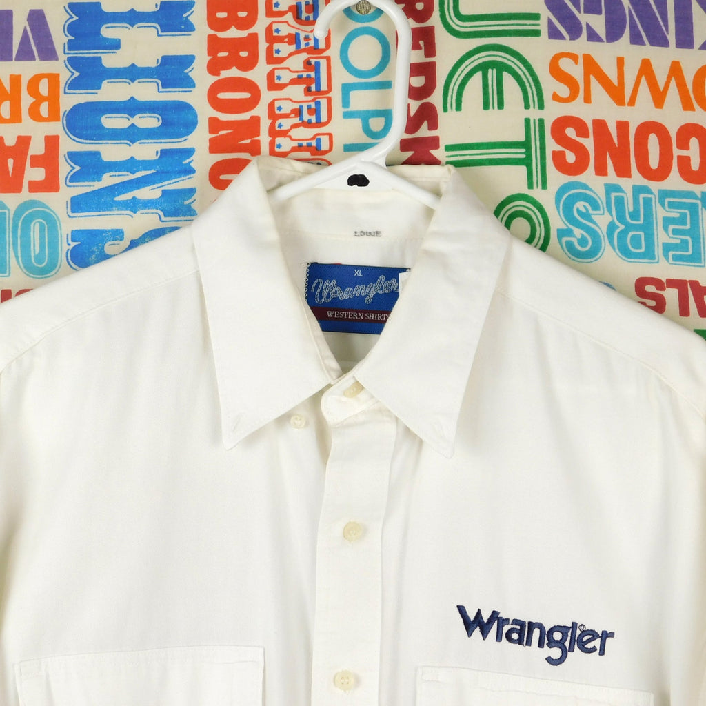 Vintage Wrangler Western Shirt Mens XL White Embroidered Logo Cotton Button Up