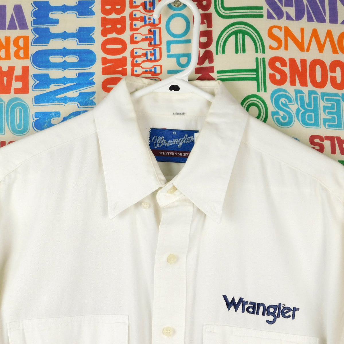 Vintage Wrangler Western Shirt Mens XL White Embroidered Logo Cotton Button Up