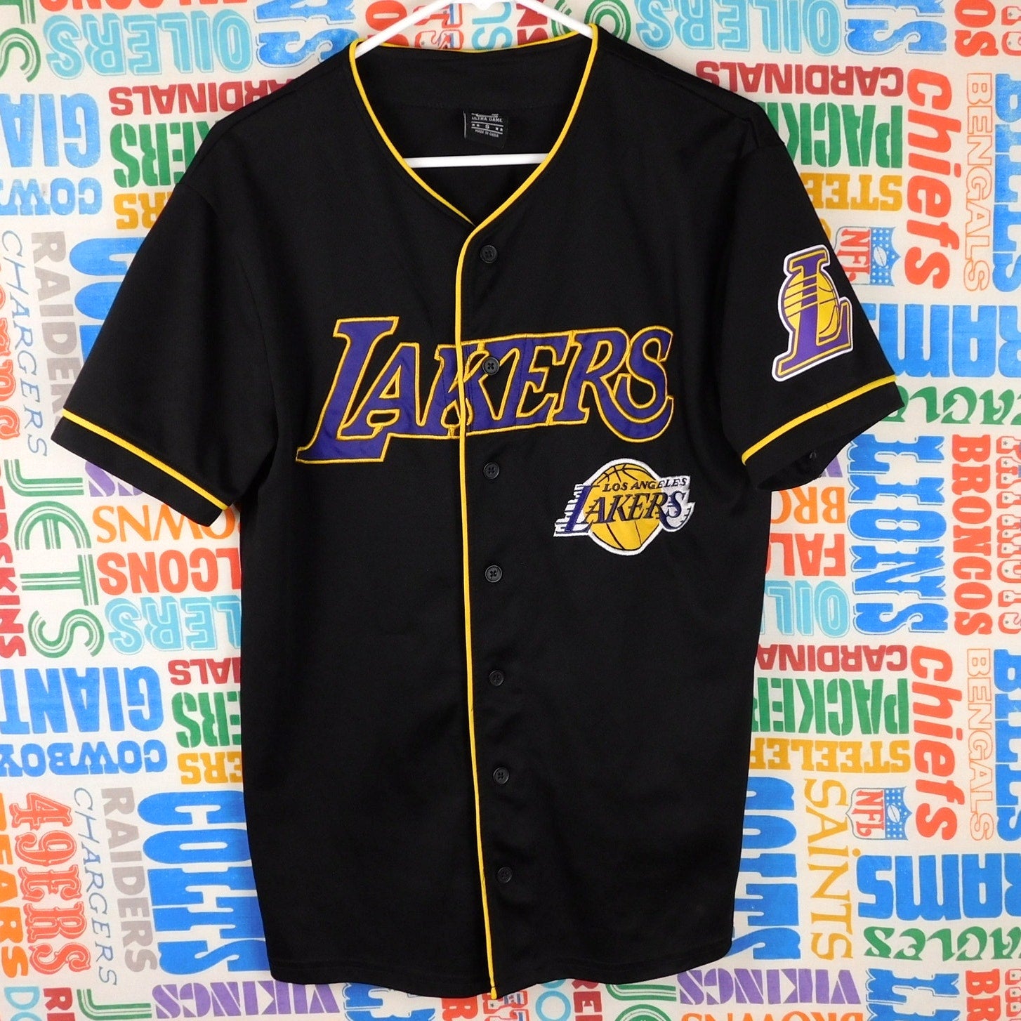 LA Lakers Baseball Jersey Mens Size Small Ultra Game Black Button Up Embroidered