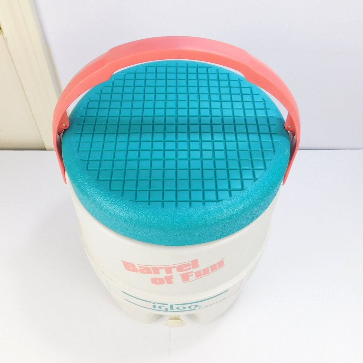 Vintage 1989 Igloo Barrel of Fun 2 Gallon Water Cooler Teal Pink Retro