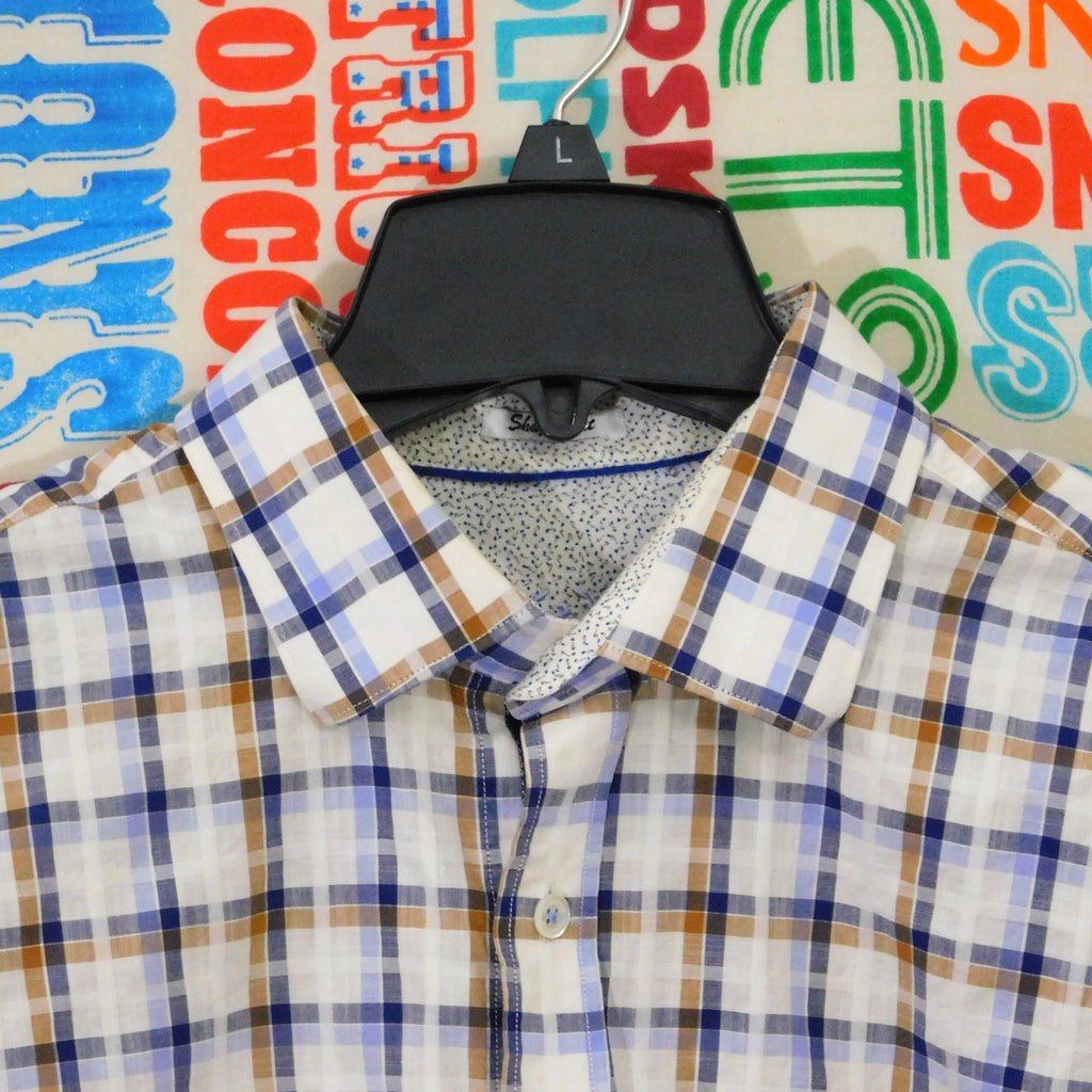 Bugatchi Button Down Shirt Size L Shaped Fit Plaid Cuff Print Long Sleeve