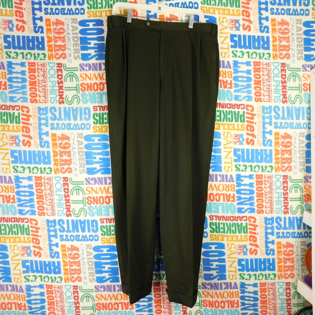 Nordstrom Mens 34R 100% Wool Pleated Cuffed Dress Pants Trousers Green